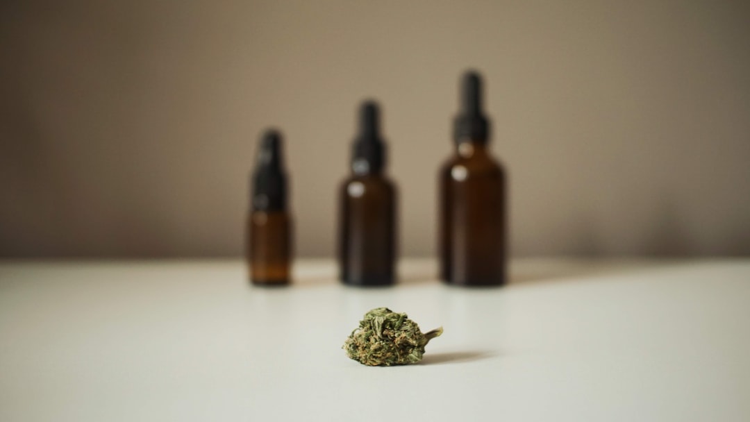 A close-up of cannabis bud in front of three dark amber dropper bottles on a plain surface