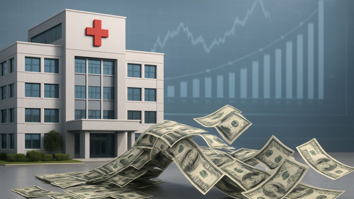 A hospital building with money flowing in front, representing financial aspects of healthcare.