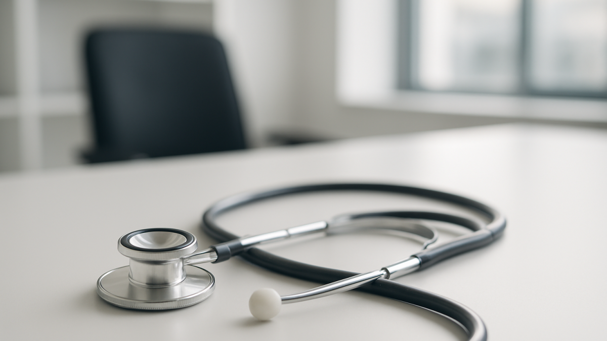 A stethoscope resting on a clean desk in a medical office environment