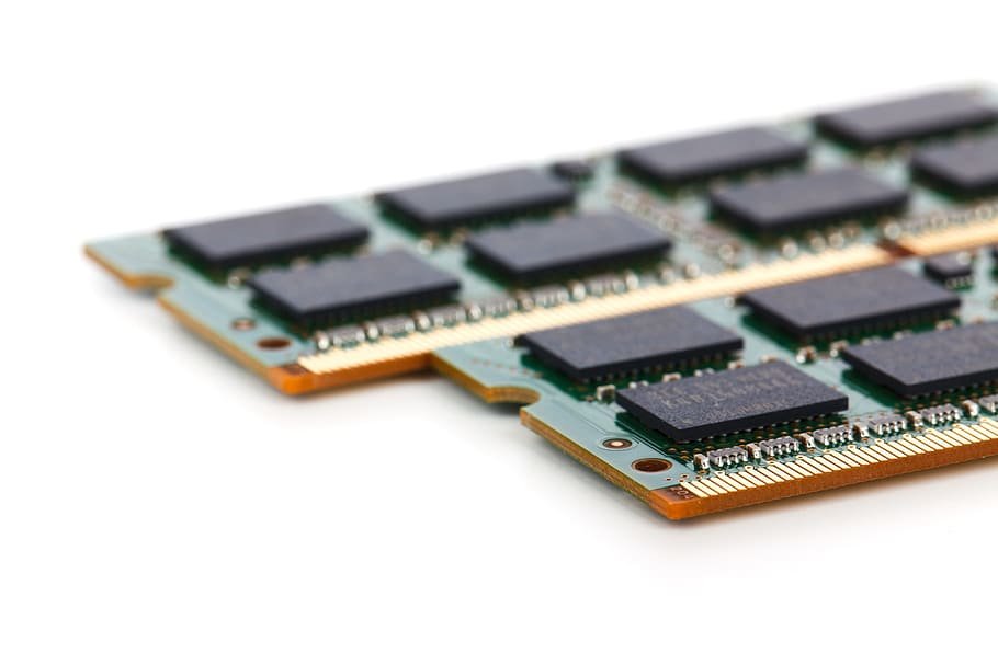 Close-up of a circuit board with memory chips